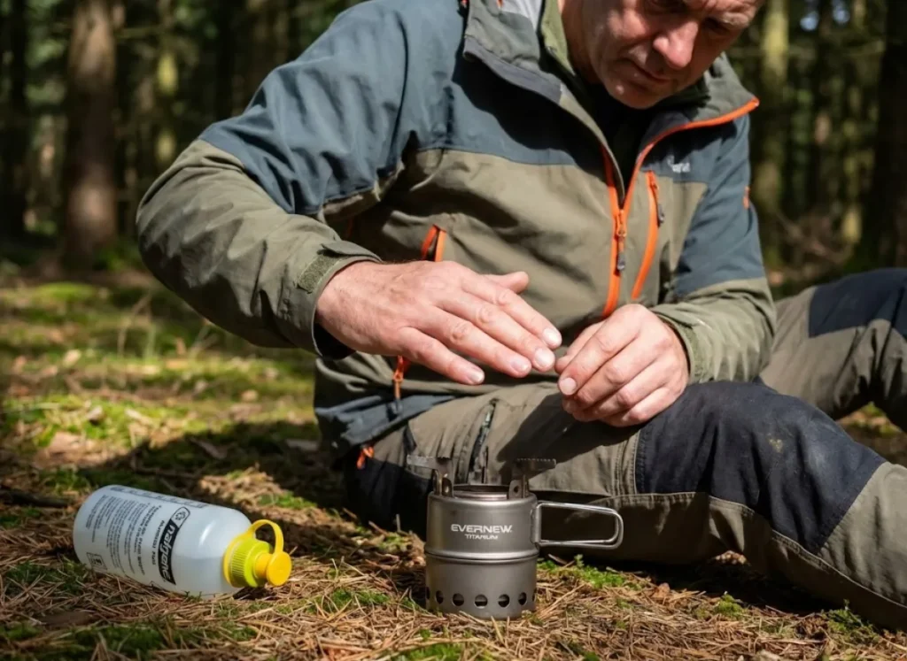 Experienced hiker safely testing alcohol stove for heat before refilling at campsite