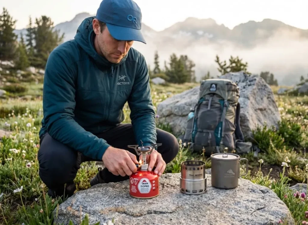 Backpacker comparing alcohol stove and canister stove efficiency at alpine campsiteBackpacker comparing alcohol stove and canister stove efficiency at alpine campsite