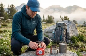 Alcohol Stove vs Canister Fuel Efficiency: The 10-Meal Rule Backpacker comparing alcohol stove and canister stove efficiency at alpine campsiteBackpacker comparing alcohol stove and canister stove efficiency at alpine campsite