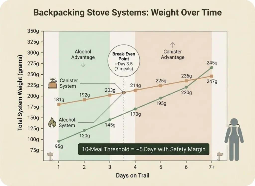 Line graph comparing total system weight of alcohol and canister stove setups over trail days, showing the crossover point at day 3-4 where canister becomes lighter.