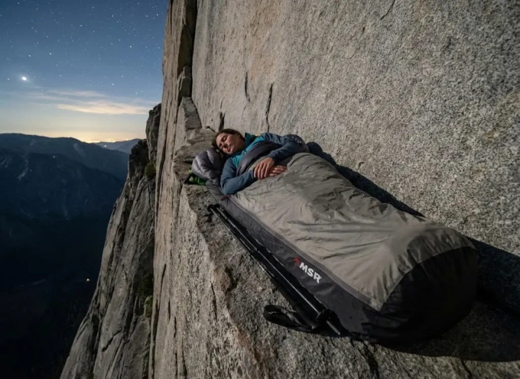Alpine climber sleeping in MSR Pro Bivy on narrow granite ledge under starry sky