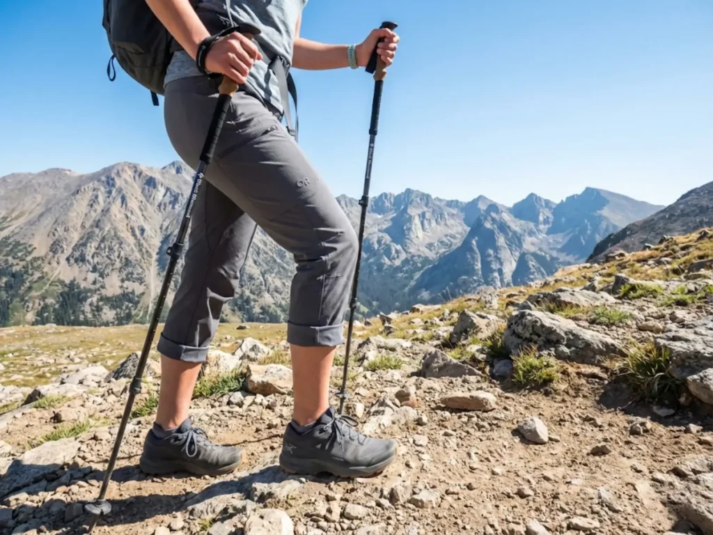 Hiker in rolled-up pants climbing exposed alpine trail in bright summer sun