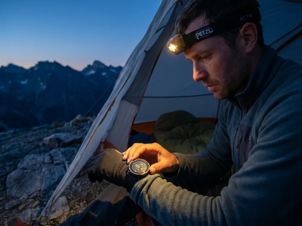 Mountaineer switching altimeter watch to barometer mode at camp to prevent overnight weather drift
