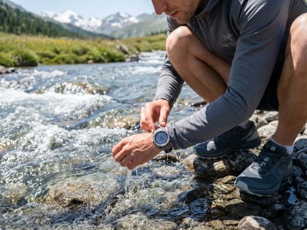 Trail runner cleaning altimeter watch barometer port to prevent sensor blockage and maintain accuracy
