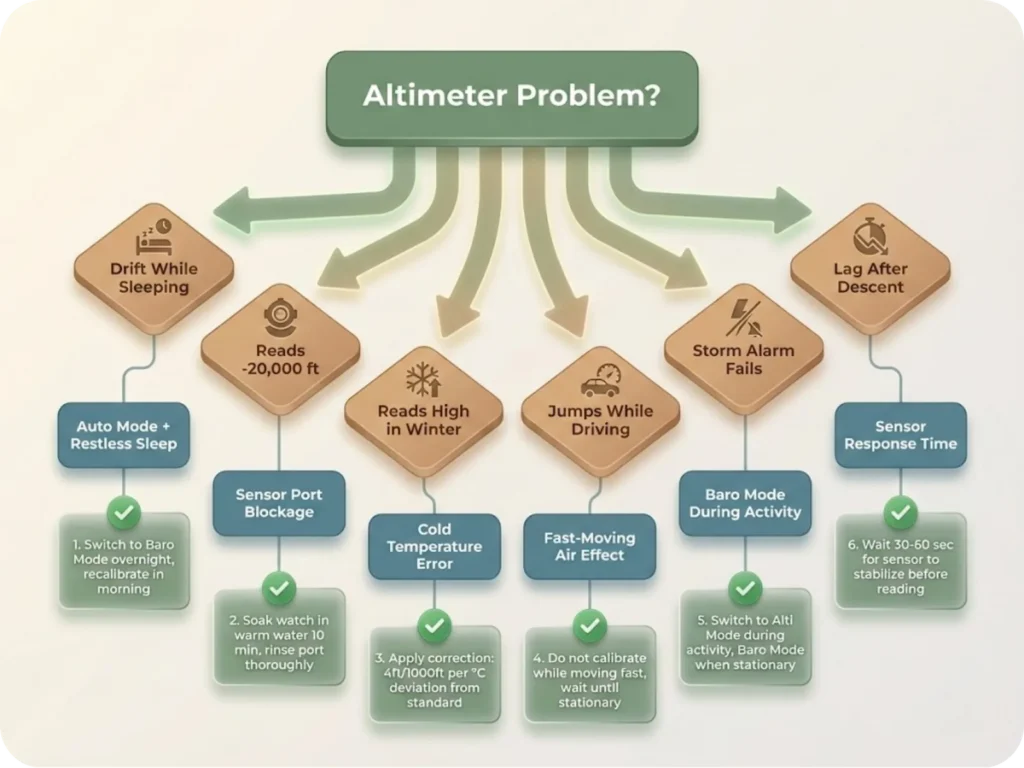 Diagnostic flowchart for common altimeter problems showing symptoms, probable causes, and corrective actions for hiking watch issues.