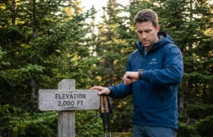 Why Your Altimeter Reading Is Wrong (And How to Fix It) Hiker comparing Garmin altimeter watch reading with trailhead elevation marker for accurate calibration