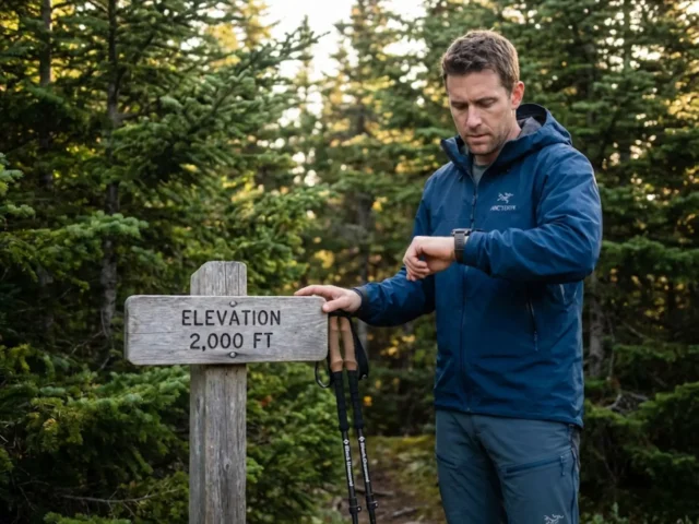 altimeter-watch-calibration-trailhead-accuracy Hiker comparing Garmin altimeter watch reading with trailhead elevation marker for accurate calibration