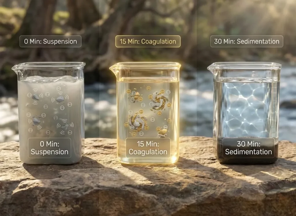 A three-panel scientific visualization illustrating the water purification process using Alum. From left to right: a jar of opaque muddy water, a jar with clumping particles showing positive and negative charge interactions, and a final jar with clear water on top and sediment on the bottom.