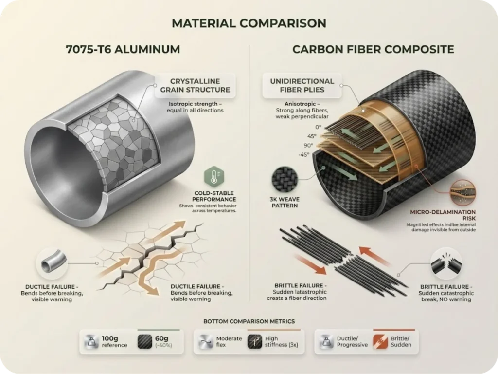 Cross-section comparison of 7075-T6 aluminum tube versus carbon fiber layup showing grain structure, fiber orientation, and failure propagation patterns for trekking poles.