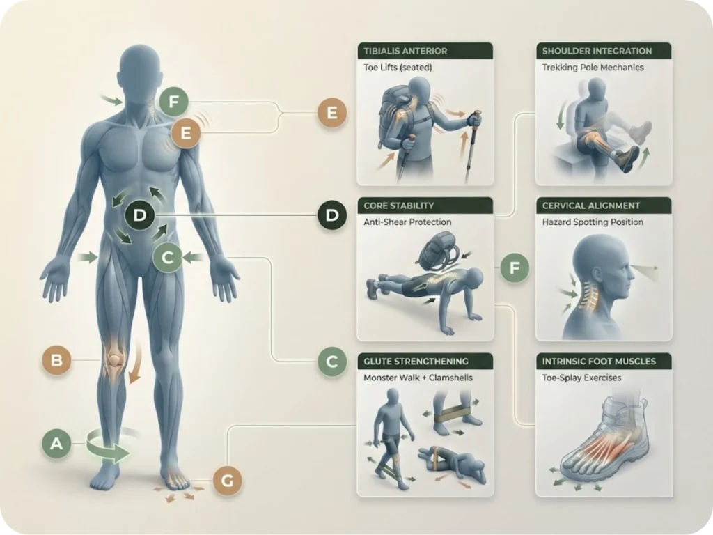 Anatomical body map showing seven critical strengthening points (A-G) for senior hikers with targeted exercises for each checkpoint.