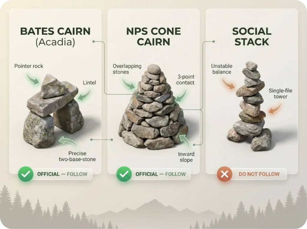 Educational infographic comparing three types of trail cairns: the precise Bates Cairn from Acadia National Park with its two-base-stone and lintel architecture, the classic NPS cone-shaped cairn built for stability, and an unstable social stack labeled "DO NOT FOLLOW" showing why balanced rock towers are unreliable navigation markers.