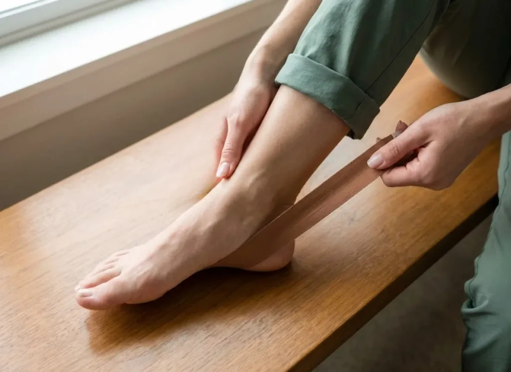 Hands applying rigid athletic tape to a hiker's ankle using the stirrup technique to provide mechanical support against inversion.