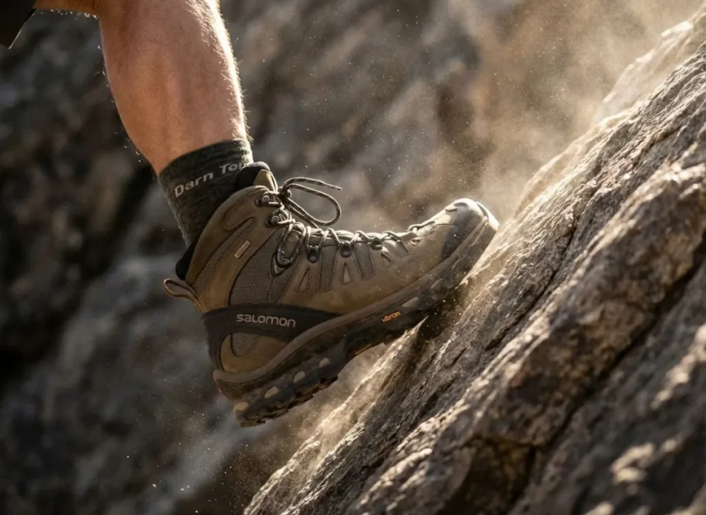 Close-up of a Salomon hiking boot stepping on a loose, tilting rock, illustrating the biomechanical forces of a potential ankle sprain.