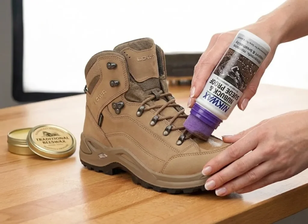 Close-up of clean hands applying waterproofing spray to a tan nubuck hiking boot, capturing the mist and the water-beading effect on the leather nap.