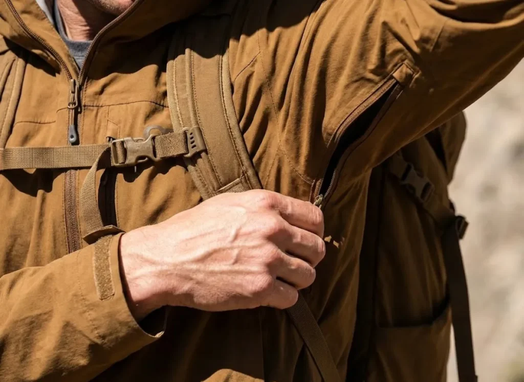A climber reaching upward to adjust gear, highlighting the underarm anatomy and the location of the axillary artery for heat regulation.