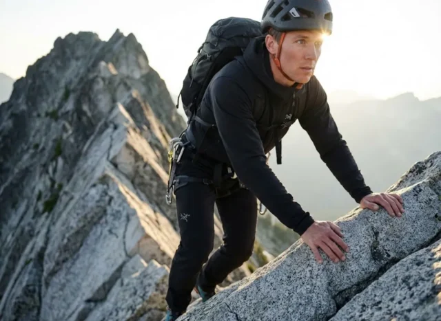 articulated-knees-scramble A professional climber executing a high-step mantle on a granite ridge, wearing Arc'teryx pants that demonstrate perfect articulated knee mobility.