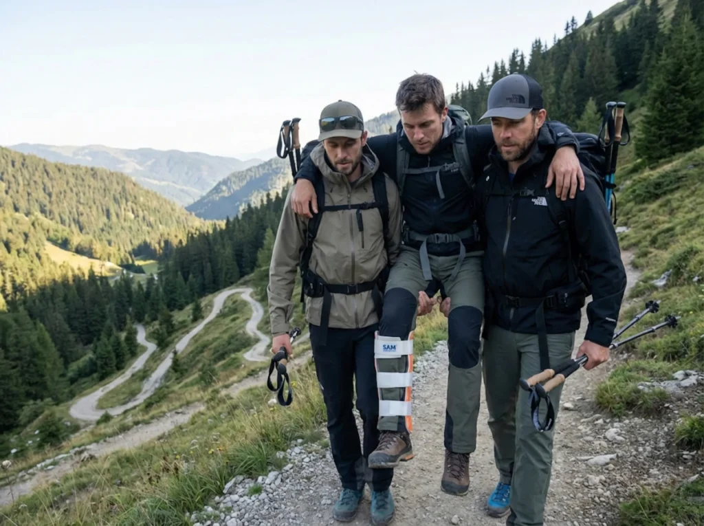 Hiking partners performing assisted walking evacuation of splinted injured hiker on mountain trail