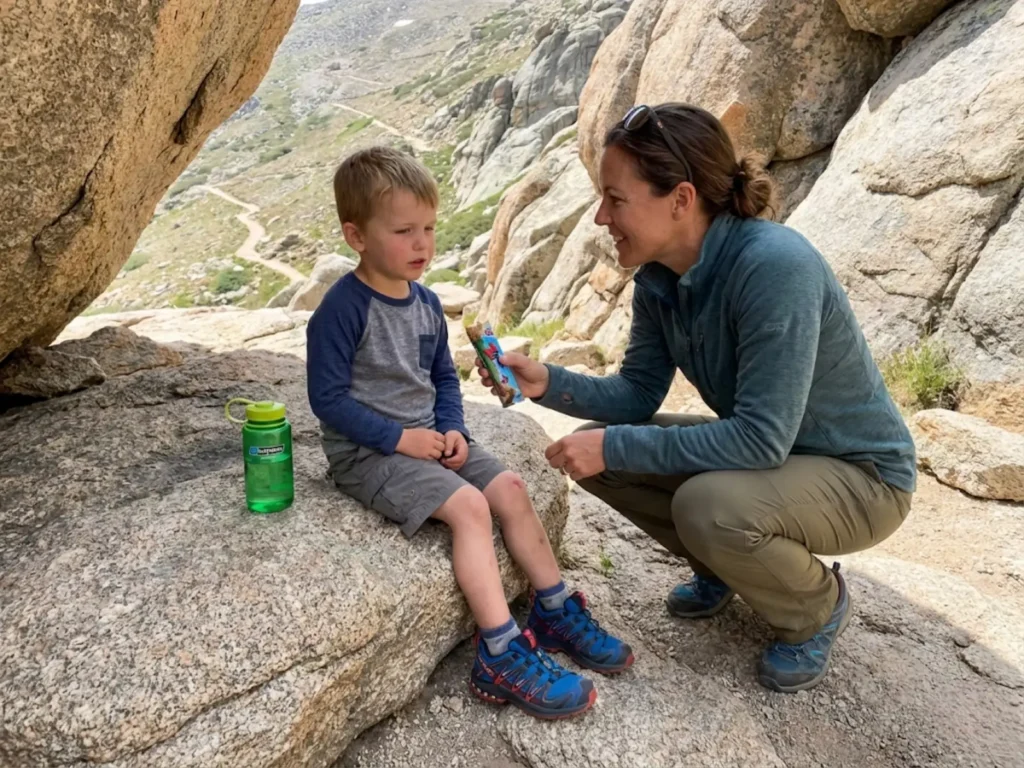 Mother giving trail snack to tired young child on rocky mountain trail switchback