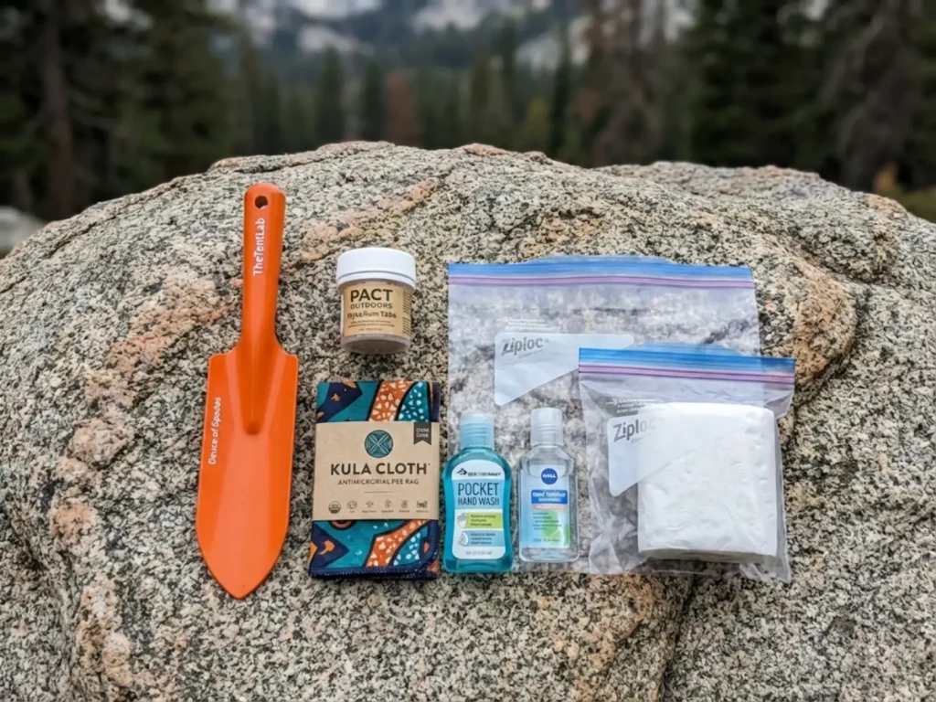 Complete backcountry poop kit with trowel, mycelium tabs, pee cloth, and hygiene supplies