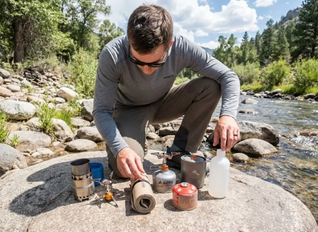 Backpacker comparing multiple stove systems including canister and alcohol options