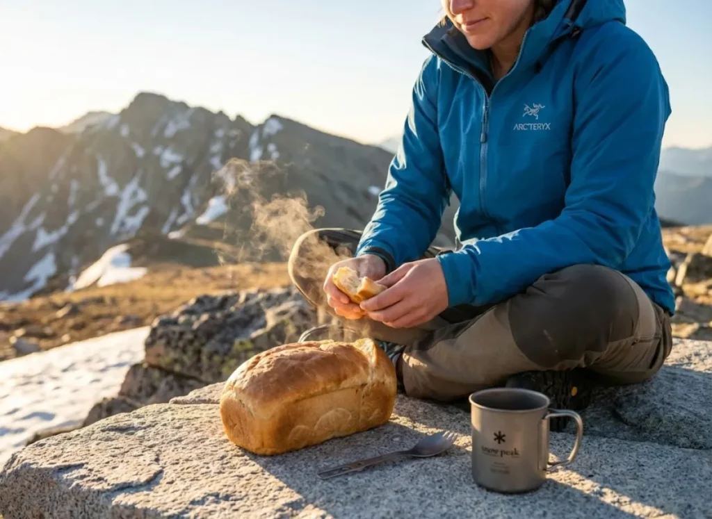Mountaineer in Arc'teryx gear breaking fresh golden bread on a high alpine granite slab during sunset, with steam rising against a snowy mountain backdrop.