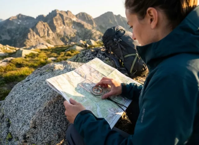 baseplate-compass-alpine-navigation Hiker using Suunto baseplate compass on topographic map in alpine terrain
