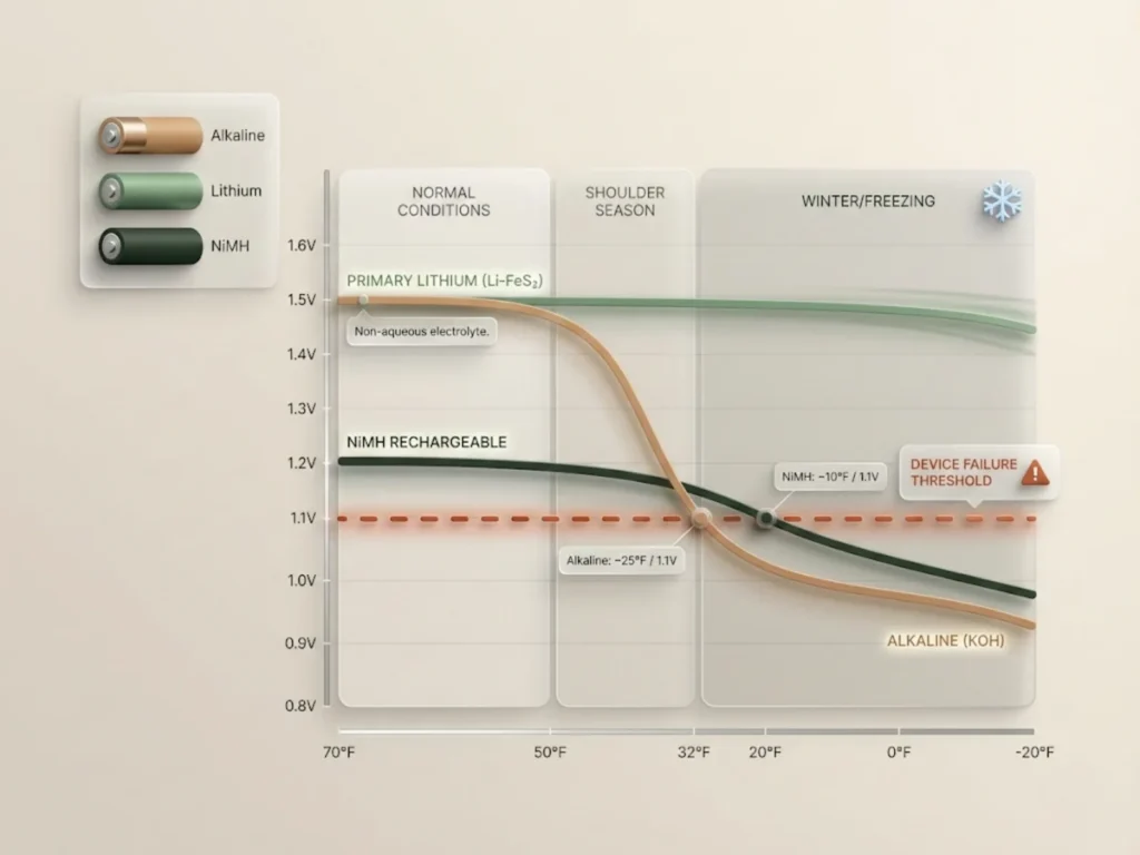 Temperature vs. battery performance chart showing voltage droop curves for Alkaline, Lithium, and NiMH batteries from 70°F to -20°F with device failure threshold.