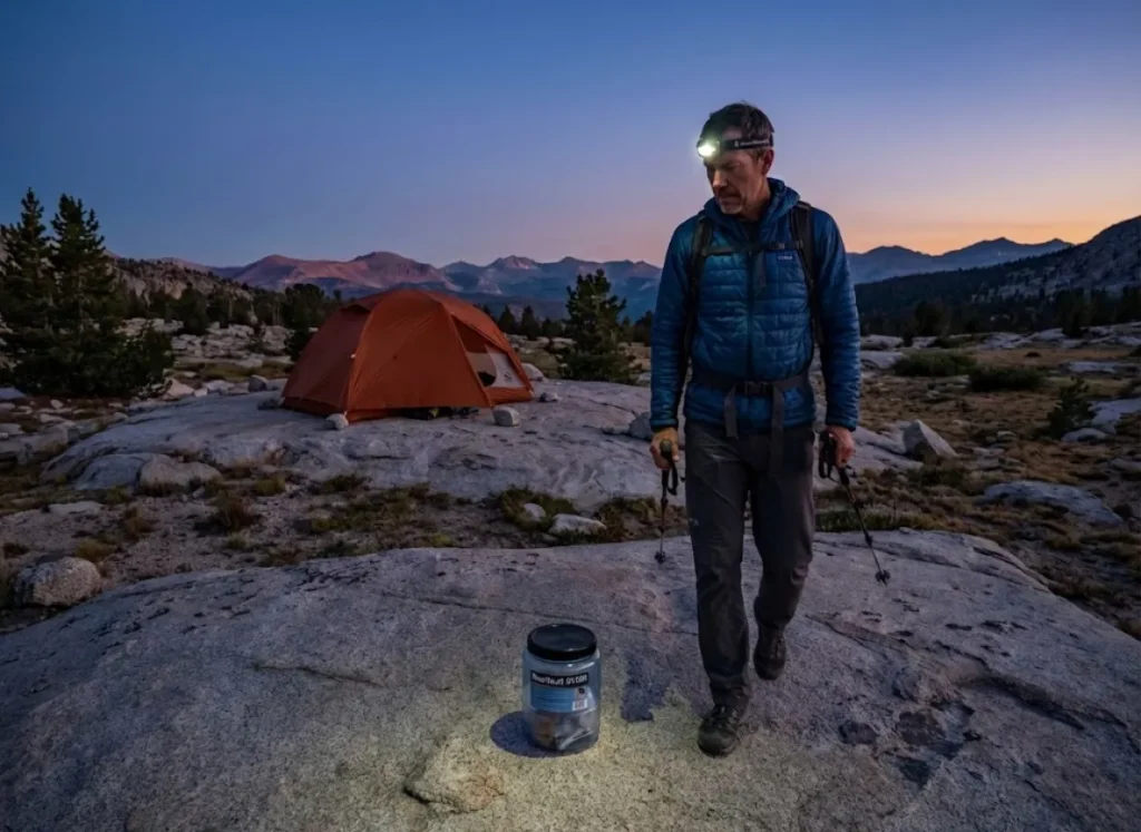 Hiker placing bear canister 100 feet from camp at dusk in Sierra wilderness