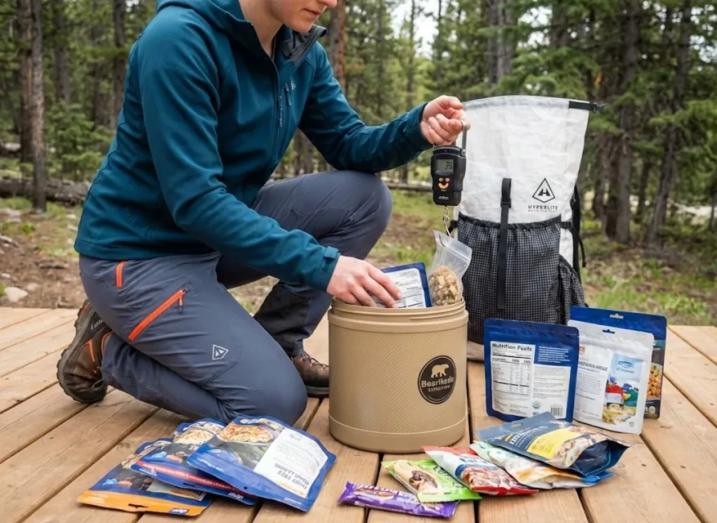 Backpacker weighing food for bear canister on digital scale