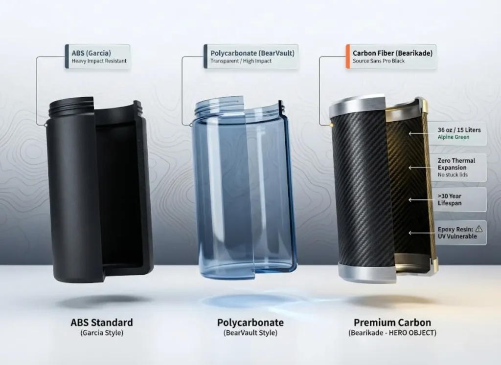 A high-end technical cutaway illustration comparing three bear canister materials—ABS, Polycarbonate, and Carbon Fiber—highlighting the wall thickness, material composition, and performance metrics like weight and thermal expansion.
