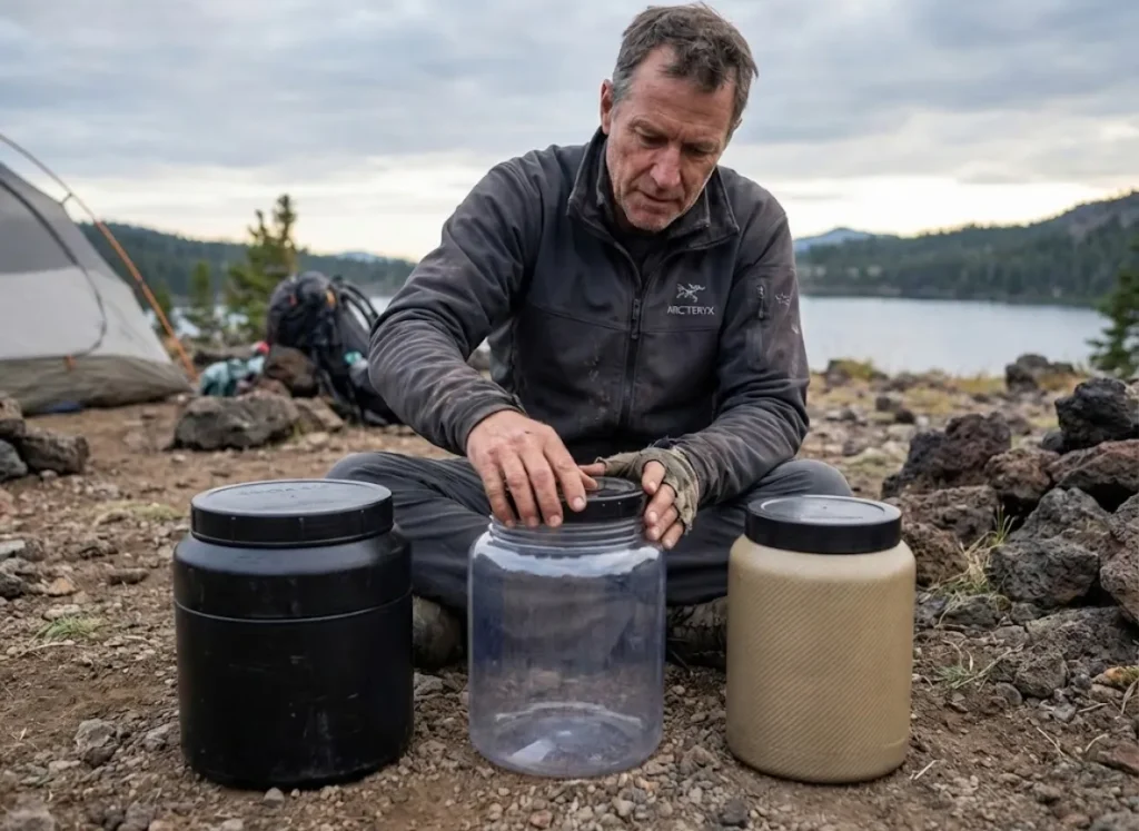 Hiker comparing three bear canister materials at PCT campsite
