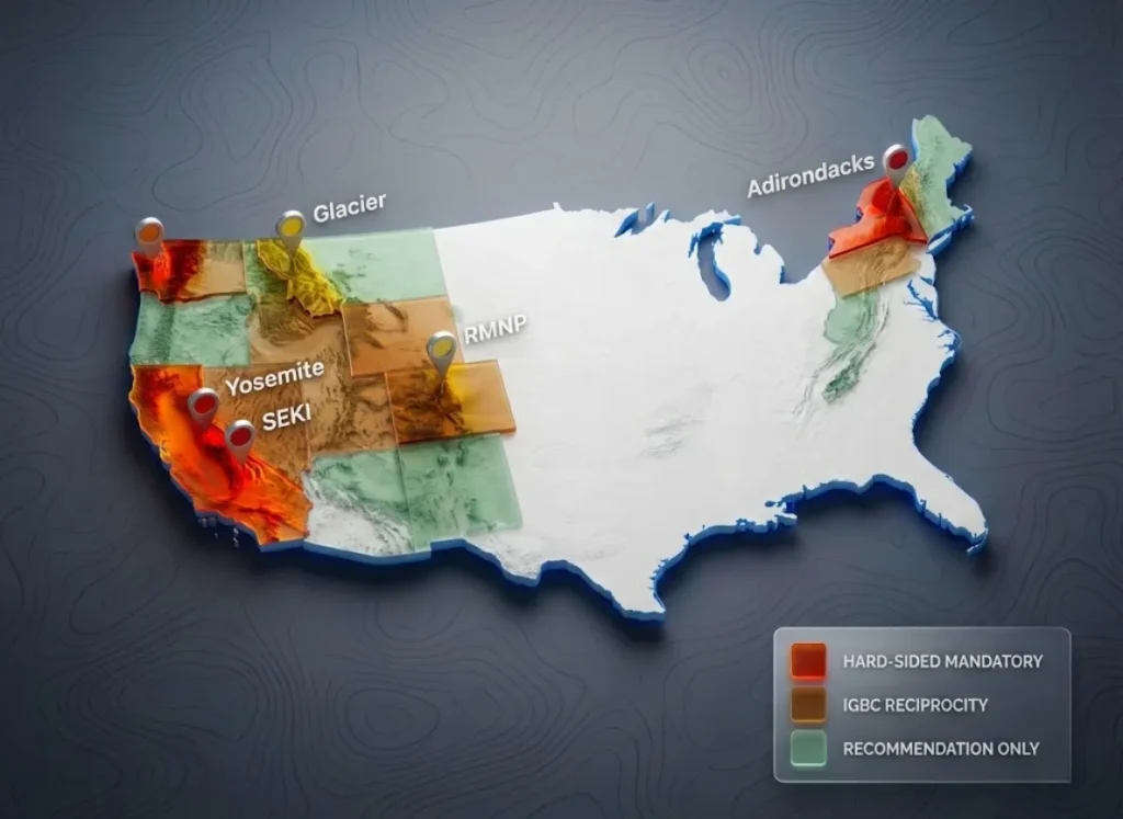 A high-end 3D isometric relief map of the United States visualizing bear canister regulations, with color-coded zones for mandatory hard-sided canisters, IGBC reciprocity, and recommendations, featuring specific markers for major national parks.