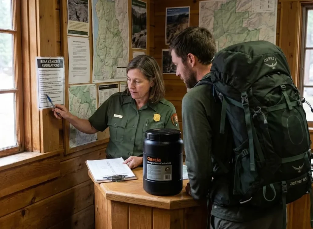 Park ranger explaining bear canister requirements at Yosemite permit station