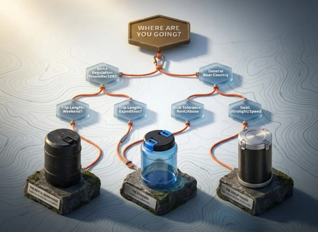 A photorealistic 3D decision tree flowchart on a topographic map background, guiding hikers to the correct bear canister choice based on regulations, trip length, and group size, featuring Garcia, BearVault, and Bearikade models.