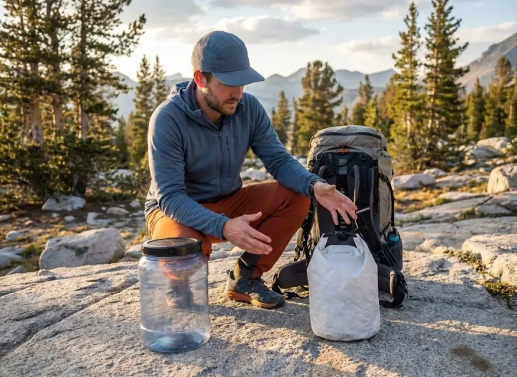 Backpacker comparing bear canister vs bear bag at High Sierra campsite