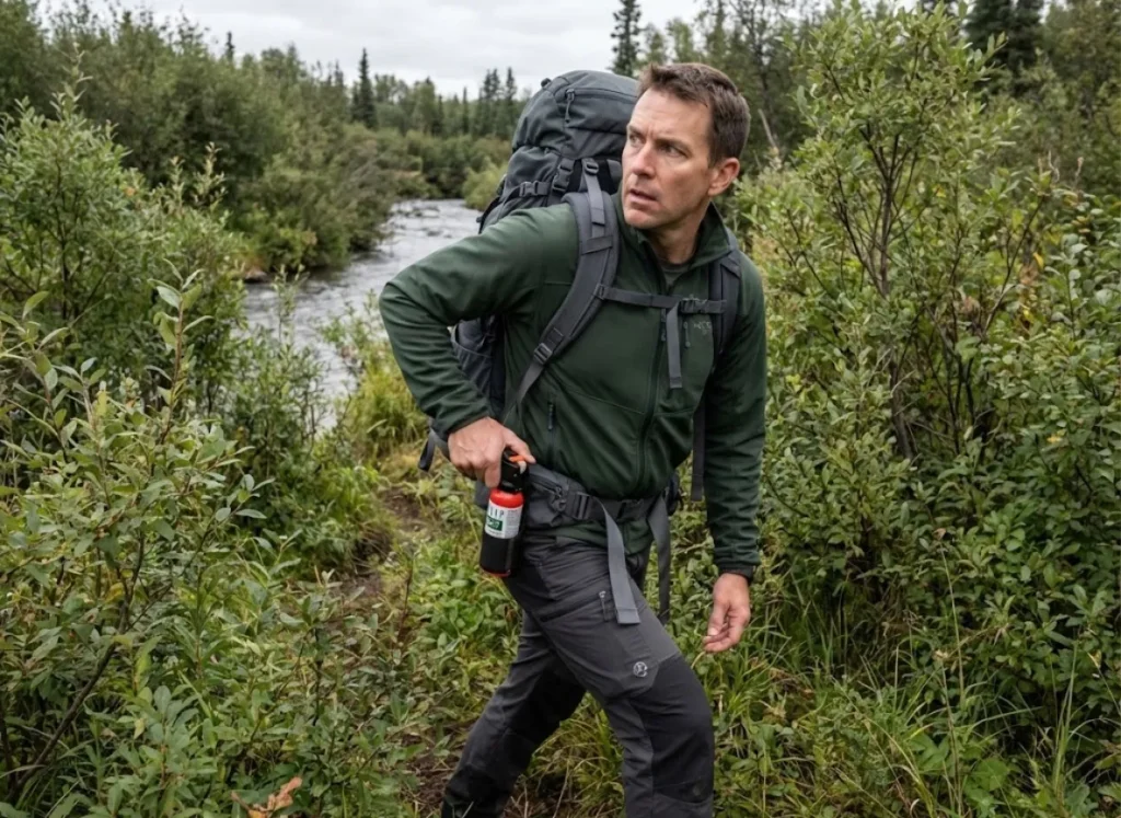 Hiker tensed on trail reacting to potential bear encounter near salmon stream
