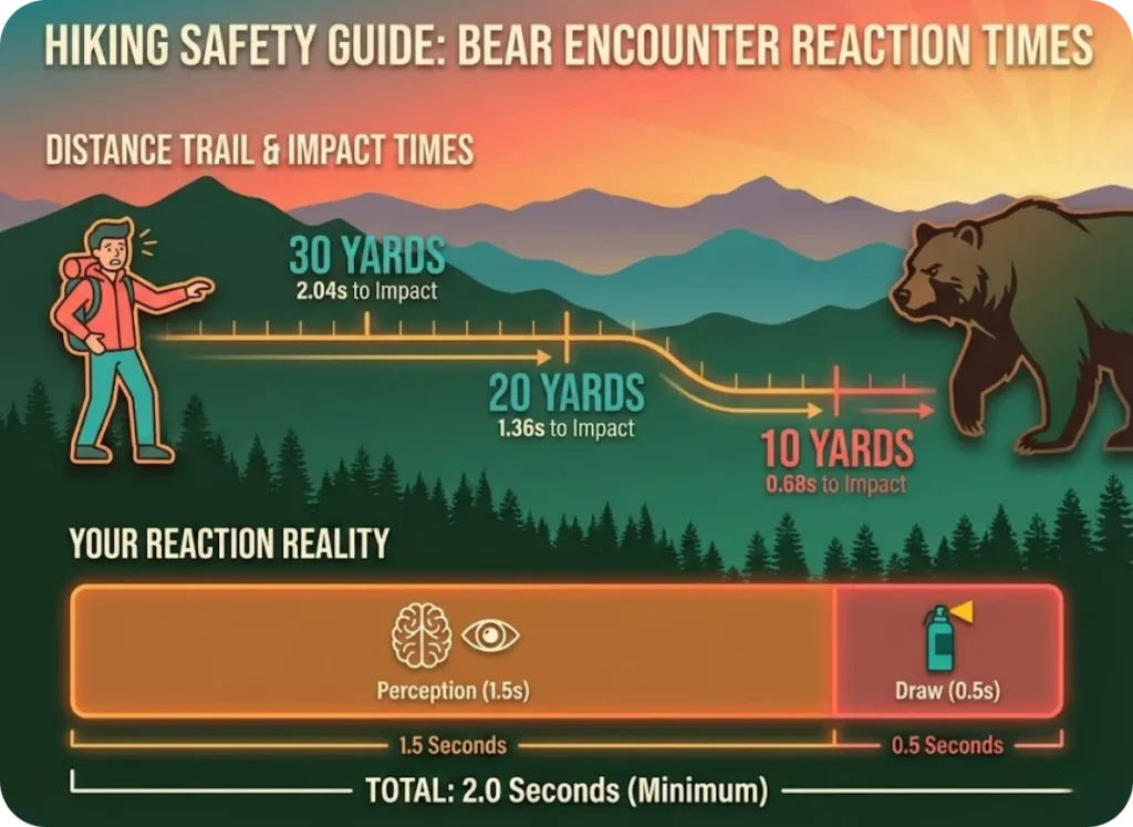 A hiking safety data visualization showing the time-to-impact of a charging bear at 30, 20, and 10 yards compared to human reaction time, featuring flat illustrated icons of a hiker and a bear against a mountain sunset background.