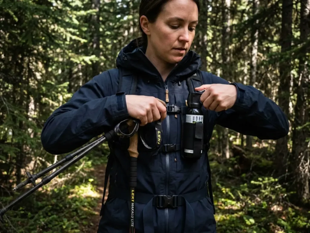 Hiker removing hands from trekking pole straps to access bear spray in wilderness