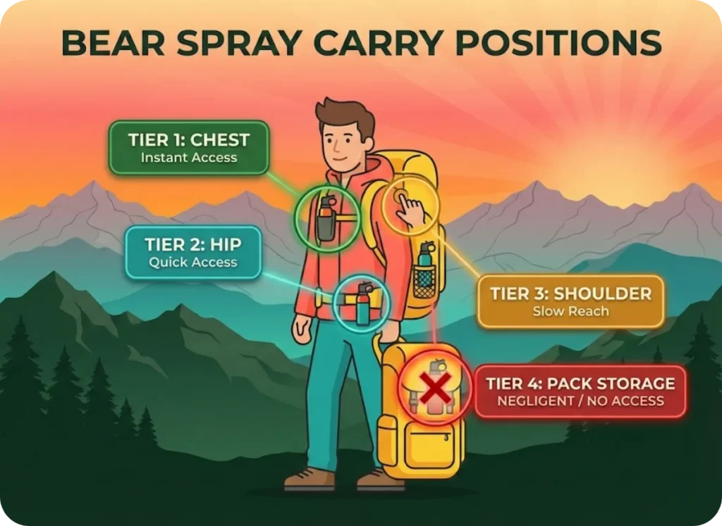 An infographic illustrating four tiers of bear spray accessibility on a hiker's body, color-coded from green for chest mount to red for inside pack storage, set against a mountain sunset background.