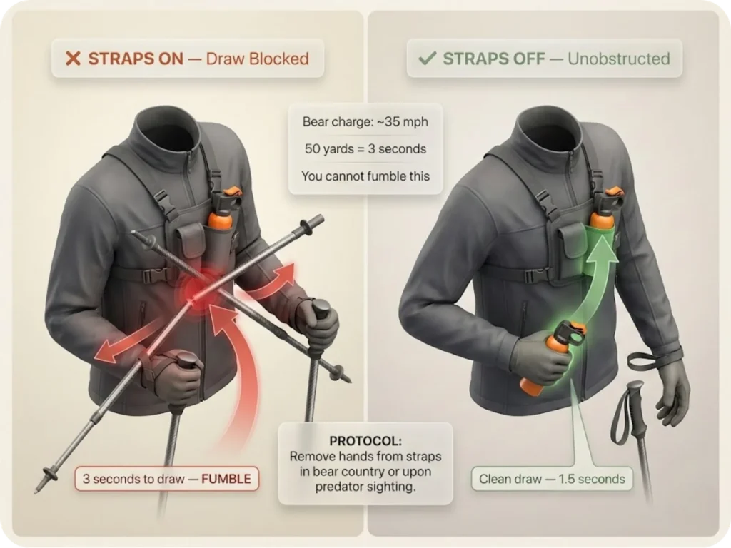 Two-panel comparison showing bear spray draw obstruction: left panel shows hiker with strapped poles unable to cleanly access chest holster due to pole shaft interference, right panel shows clean unobstructed draw with straps removed.