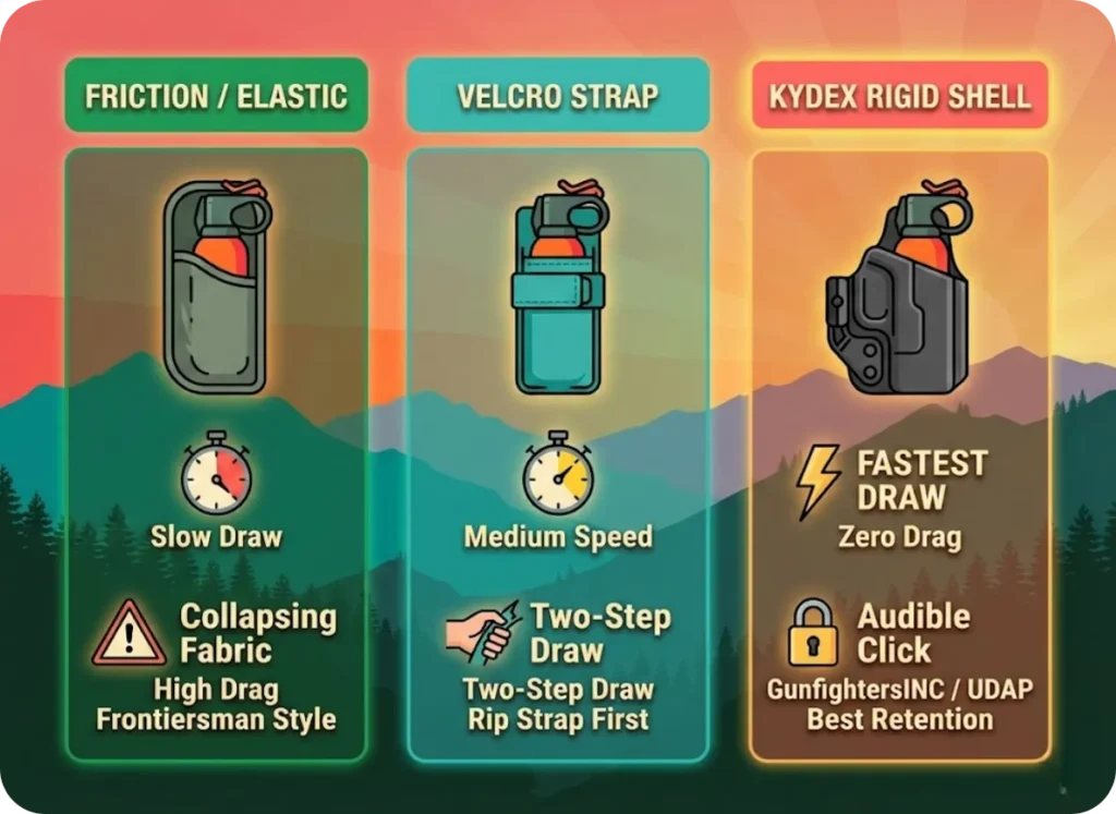A side-by-side comparison matrix of bear spray holsters, contrasting Friction/Elastic, Velcro, and Kydex styles against a mountain sunset background, featuring illustrated icons of holsters and speed indicators.
