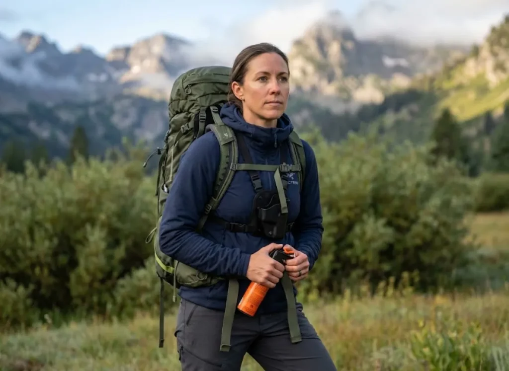 Hiker practicing bear spray holster reaction time draw from chest mount in wilderness