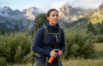 Bear Spray Holsters Reaction Time: The 2-Second Standard Hiker practicing bear spray holster reaction time draw from chest mount in wilderness