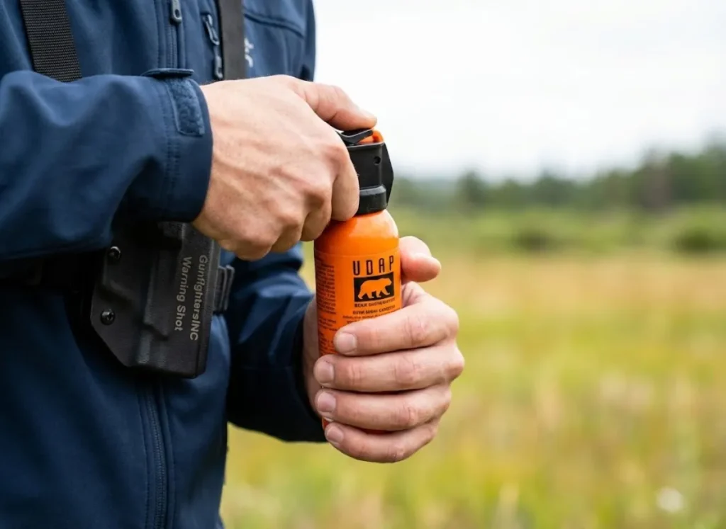 Close-up of bear spray draw technique from Kydex chest holster showing grip
