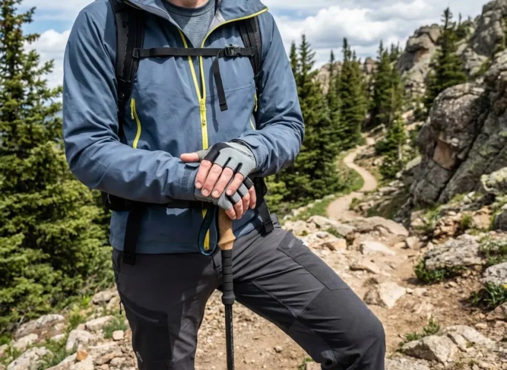 Gloved hands attempting to remove bear spray safety clip in cold weather
