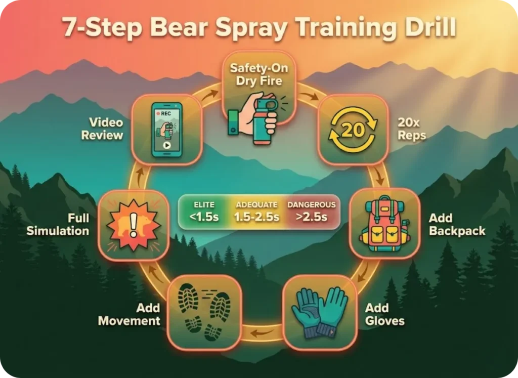 A circular flowchart on a mountain sunset background illustrating a 7-step bear spray training drill, from dry fire to full simulation, featuring a central timing benchmark scale and flat illustrated icons of hiking gear.