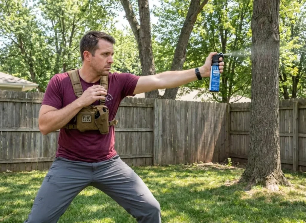 Hiker practicing bear spray deployment with inert training canister at home