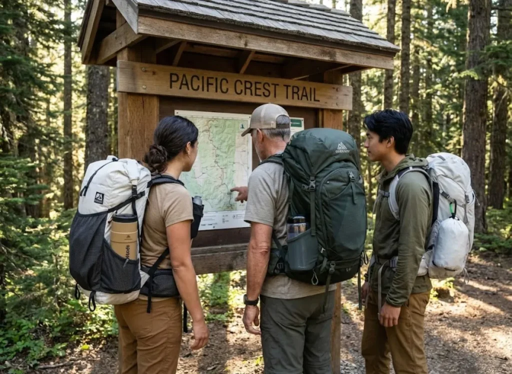 Three hikers with different bear storage solutions at PCT trailhead