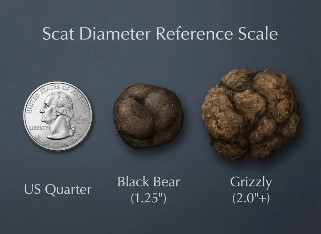 A scientific size comparison diagram showing a US Quarter coin next to a smaller Black Bear scat sample (1.25 inches) and a significantly larger Grizzly Bear scat sample (2 inches) to illustrate identification differences.