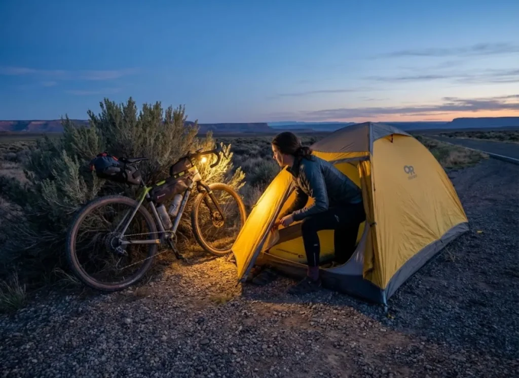 Bikepacker setting up OR Helium hooped bivy next to gravel bike at desert twilight